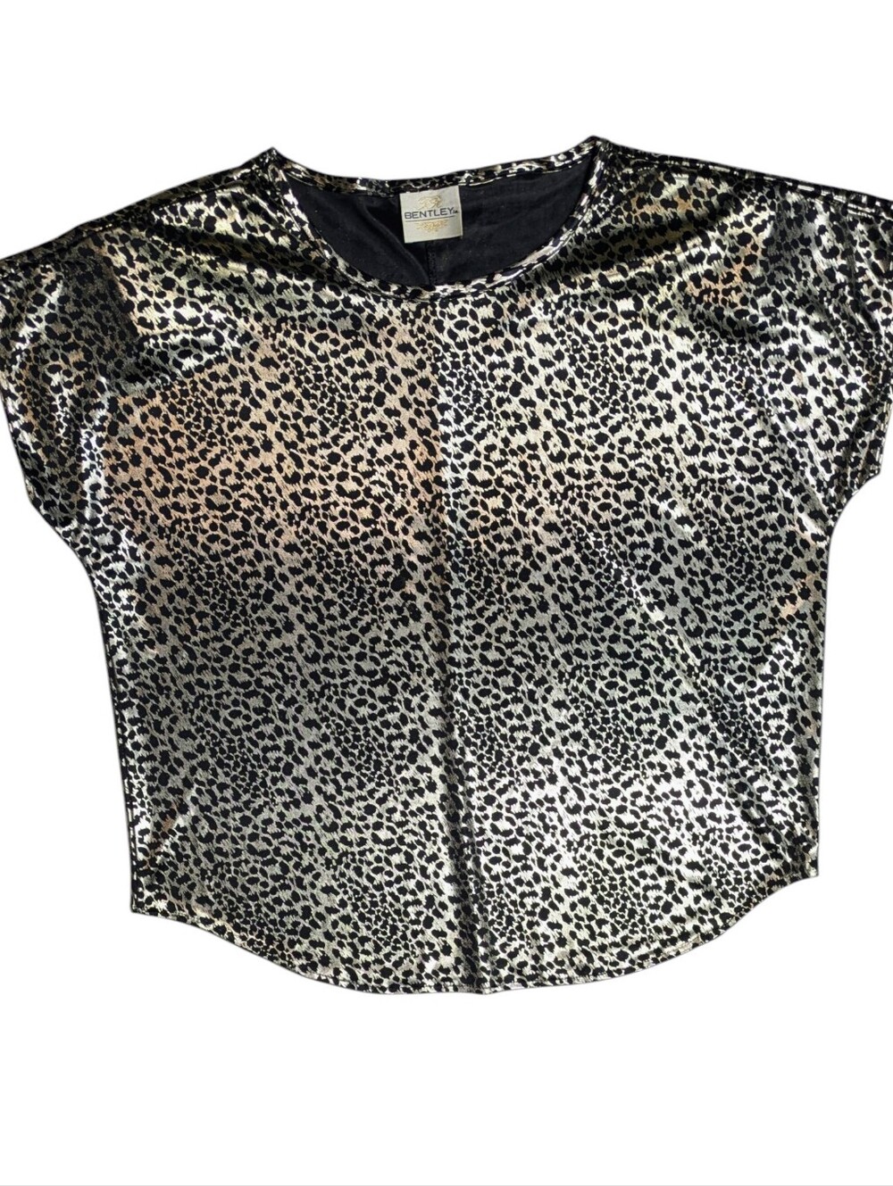 80s T R Bentley Metallic Leopard Print Boxy Top - Silver/Black Size Large